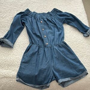 Blue Denim Jumpsuit with Off-the-Shoulder Design and Elastic Waist